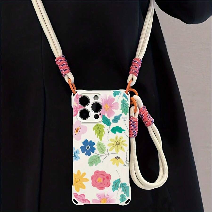 Funda para teléfono 1 pieza Una elegante correa para el hombro tipo bandolera, patrón Correa para el hombro tipo bandolera Correa de mano anticaída de cuatro esquinas Funda protectora para teléfono móvil Puede colgarse hacia atrás Funda para teléfono móvil suave adecuada para la serie 12 13 14 15 16 Pro Pro Plus - - Colores mixtos 1 - Ver 1