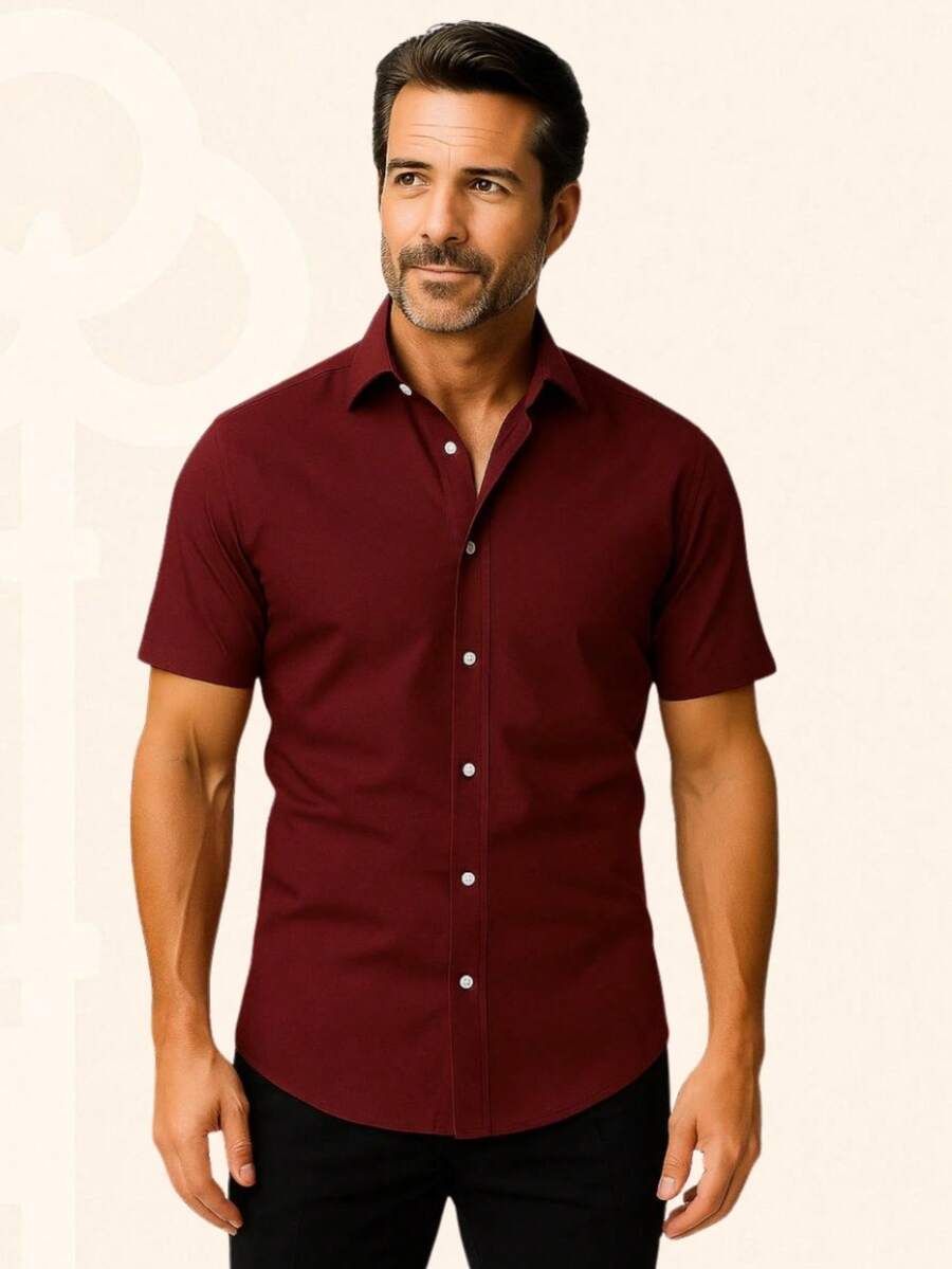 Men's Short Sleeve Shirt Elegant Casual Party Work - 酒紅色 - 查看 1
