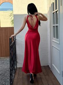 DEEKA 新款夏季时尚性感缎面感长款内衣风格派对连衣裙，适合夏季、节日、情人节 - 紅色 - 查看 4