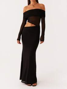 Women Long Off Shoulder Dress Slim Ruched Solid Color Cut Out Long Sleeve Backless Mesh Bodycon Dress For Party Club - Black - View 3