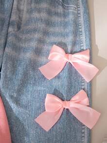 2 Stücke/Set Mädchen Lässig Alltags Outfit - Einfarbiges Schleife Dekor Langarmoberteil und lange Hose, Regular Fit, Frühling/Herbst