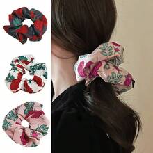 3pcs Women Flower Crown Rose Print Hair Tie, Multicolor Simple & Fresh For Daily Ponytail, Made Of Polyester Fiber, Elegant, Scrunchy Hair Ties, Hair Bobbles