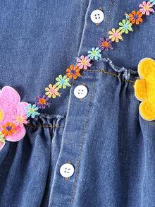 [乡村风] 小女孩秋季翻领衬衫裙，荷叶边下摆牛仔背带裙 - 藍色 - 查看 4