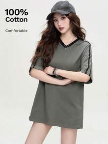 Women's Fashion Loose Fit Raglan Sleeve Striped T-Shirt - 634 Ash and Black - View 4