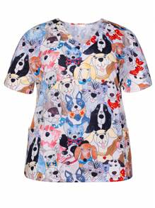 Magliette da infermiera per donna taglia grande, con scollo a V, maniche corte, stampa di cartoni animati di cani, tasche, per primavera ed estate