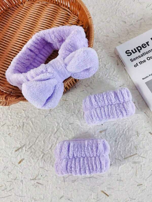 3件套洗脸头带和腕带套装，面部SPA头带，化妆护肤淋浴头带，洗脸腕带，SPA面部头带，淋浴头带和腕带，化妆头带套装：淋浴腕带，蓬松纯色头带，可重复使用的SPA头带和腕带