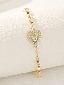 1 pieza Pulsera de cobre clásica hecha a mano con cuentas en forma de corazón de la Virgen María, adecuada para regalos a amigos y mejores amigas, adecuada para el uso diario y festivo de las mujeres - Amarillo Oro - Ver 3