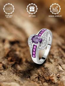 1 chiếc nhẫn xoắn ốc bằng bạc Sterling S925 màu tím Cubic Zirconia dành cho phụ nữ/bé gái, thích hợp để trang trí hàng ngày, quà tặng lễ Phục sinh/Giáng sinh/Halloween, có hộp quà tặng - Màu tím - Xem 3