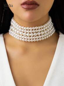 Hihho 1 件时尚多层夸张仿珍珠项链，不对称珍珠项圈项链，女士婚礼珠宝和节日礼物，适合白人女性的颈链