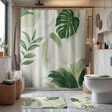 1/4 件波西米亚风格绿色薰衣草主题浴室套装，包括浴帘、浴垫、U 型马桶垫、马桶盖套、防水、现代风格浴室隔断帘、无需钻孔、可机洗涤纶 - 綠色 - 查看 1