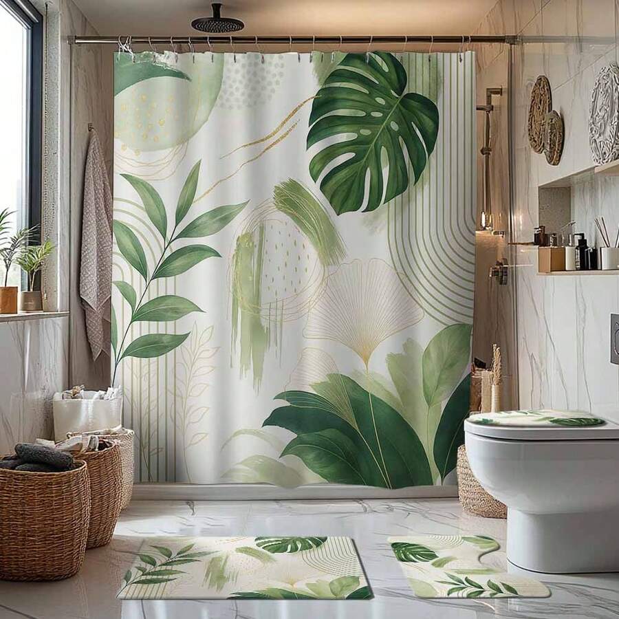 1/4 件波西米亚风格绿色薰衣草主题浴室套装，包括浴帘、浴垫、U 型马桶垫、马桶盖套、防水、现代风格浴室隔断帘、无需钻孔、可机洗涤纶 - 綠色 - 查看 1