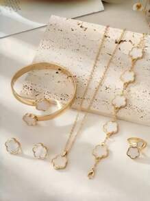 6pcs/Set:1pc Necklace, 1pc Bracelet, 1pc Earring, 1pc Ring, 1pc Lucky Flower Necklace