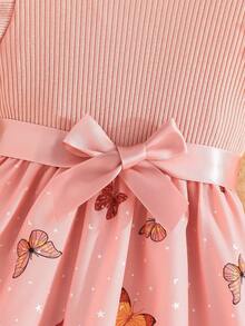 女童优雅盖袖罗纹蝴蝶图案连衣裙，夏季 - 粉色 - 查看 6