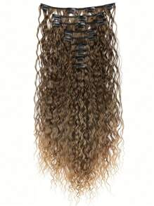 棕色合成假发卷发夹接发，双层发帘全头耐热纤维合成卷发接发 9 件套