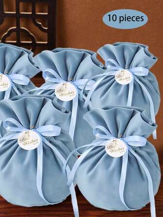 10pcs Velvet Bow & Ribbon Gift Bags, With Pearl & Letter Decor, Fashionable & Suitable For Jewelry, Gift, Wedding, Party Decoration