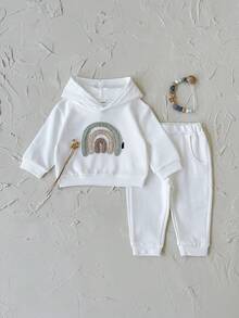 2Pcs/Set Baby Girls' Rainbow Embroidery Casual White Long Sleeve Hooded Sweatshirt & Long Pants Set, Autumn/Spring - White - View 9
