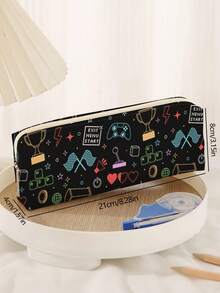 1 件卡通游戏机图案灯芯绒铅笔盒，文具收纳袋，双面印花文具袋，便携式多功能办公文具铅笔收纳，送给同学、朋友、宰牲节、节日、学校用品、返校的礼物