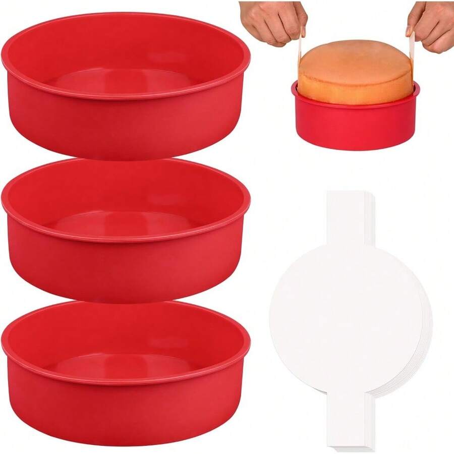 3-Pack 10 Inch Round Silicone Cake Pans With 100 Pcs Parchment Paper - Nonstick Baking Molds For Layer Cakes, Cheesecakes, Chocolate Cakes - Oven Safe & Dishwasher Friendly - Birthday Party Baking Supplies - 6 Inch - 查看 1
