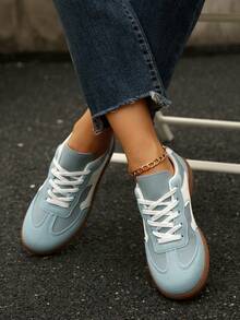 1 par de tênis casuais respiráveis com cadarço, sapatos brancos para adolescentes, adequados para primavera, verão e outono - Azul - Ver 6