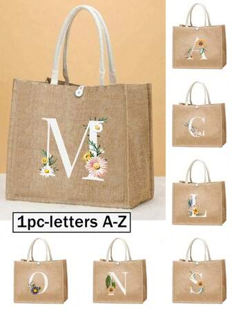 Sac à main personnalisé en lin jaune avec fleur et lettre, cadeau parfait pour les mariages, anniversaires, plages, vacances. Idéal pour les femmes, mères, enseignantes, amies, demoiselles d'honneur, grands sacs, étudiantes et la rentrée scolaire