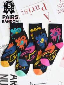 5 Pares Meias Florais de Padrão Colorido Aleatório até a Metade da Panturrilha para Mulheres, Meias Versáteis e Estilosas Adequadas para Uso Casual, Interno, Externo, Esportes