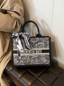 2025新款时尚热销手提包，便携购物袋，小众设计，奢华高品质，附赠海外蝴蝶结丝巾，大容量，适合日常休闲、通勤、上学、旅行、派对、宴会等场合（含丝巾） - 黑色 - 查看 4