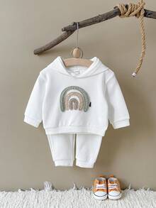 2Pcs/Set Baby Girls' Rainbow Embroidery Casual White Long Sleeve Hooded Sweatshirt & Long Pants Set, Autumn/Spring - White - View 2