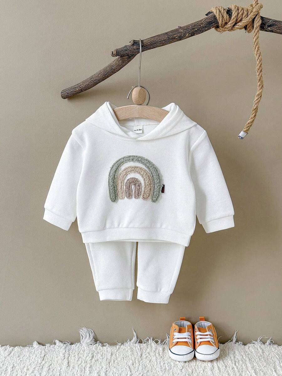 2Pcs/Set Baby Girls' Rainbow Embroidery Casual White Long Sleeve Hooded Sweatshirt & Long Pants Set, Autumn/Spring