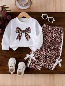 Baby Girl 2pcs Set Leopard Bow Print Long Sleeve Sweatshirt Top And Leopard Stripe 3D Bow Decor Straight Leg Pants Outfit - White - View 2
