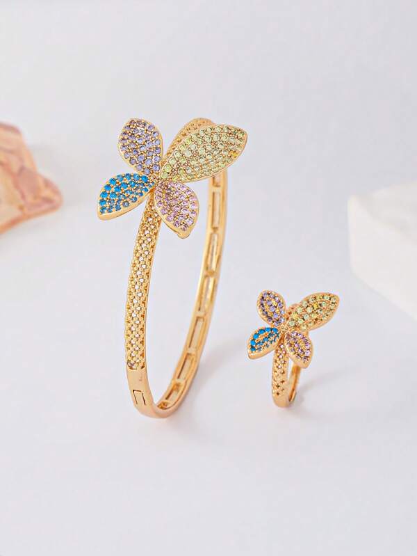Conjunto de Bracelete e Anel Borboleta com Zircônia Colorida Banhado a Ouro 18K, Design Elegante