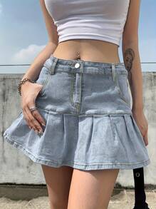 Falda de vaquero casual de la mujer de la mitad de la cintura sexy falda de línea A