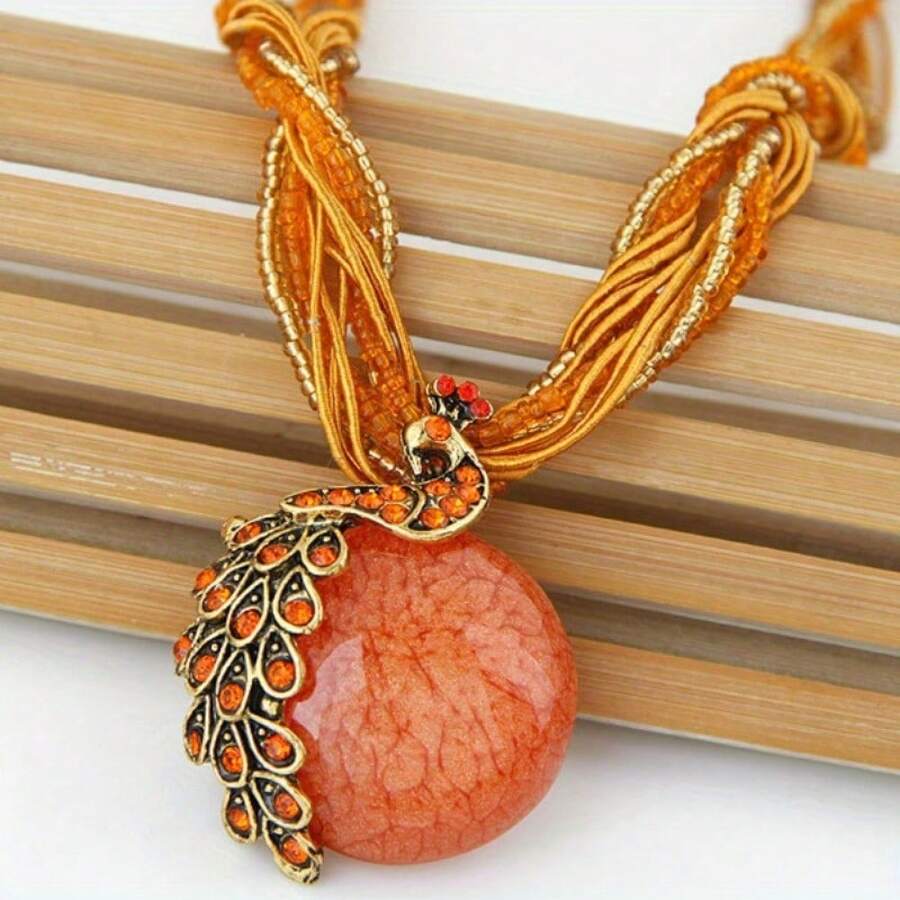 Elegant And Fashionable Bohemian Style Women's Multi-Color Imitation Opal Pendant Necklace Gift Brand New Retro Style, A Variety Of Colors For You To Choose, Suitable For Daily Wear, Versatile And Good-Looking - Red - View 1