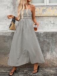 Striped Woven Casual Dress With Ruffle Hem, Suitable For Wedding