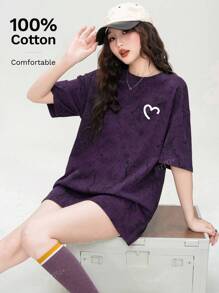 Heart Printed Loose Casual Short Sleeve T-Shirt For Daily Wear