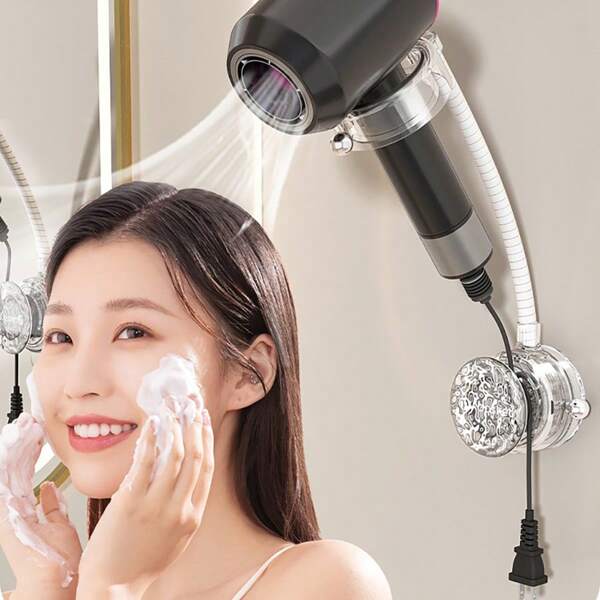 1pc Hands-Free Hair Dryer Holder Suction Cup Shelf, Bathroom Wall Mount Rotatable Hairdryer Organizer Bracket