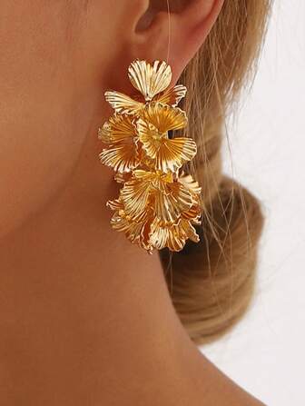 1 Pair Elegant Golden C-Shaped Flower Drop Earrings, Vintage Y2K Geometric Earrings Suitable For Women's Daily Wear