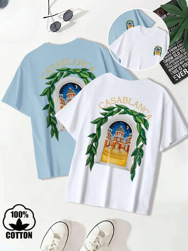 T-shirt en coton côtelé pour homme, imprimé motif château de nuit de lune, vêtements de sport pour hommes de style universitaire printemps et été, hauts à manches courtes pour hommes doux et respirants à la mode, ensemble deux pièces blanc + vert haricot