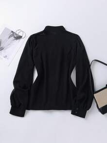 Women's Fashionable Elegant Versatile Solid Color Lantern Sleeve Blouse Black Summer - Black - View 2