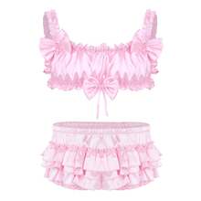 UK Men's Satin Lingerie Bowknot Bra With Ruffled Panties Crossdresser Underwear   UK - Pink #3 - View 1