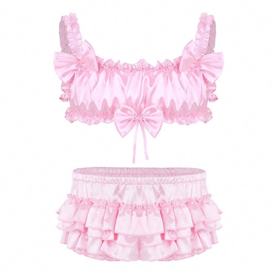 UK Men's Satin Lingerie Bowknot Bra With Ruffled Panties Crossdresser Underwear   UK - Pink #3 - View 1
