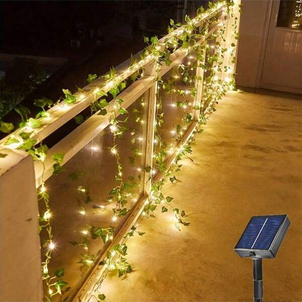 1pc Solar Powered Copper Wire Fairy Lights 20/50/100 LED Artificial Ivy Vine String Lights With 8 Lighting Modes, Great For Outdoor Garden, Wall, Balcony, Fence, Tree, Wedding, Party, Restaurant Decor