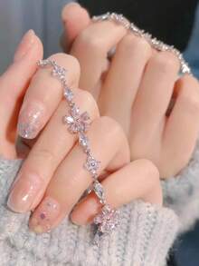 1pc Elegant Pink Crystal & Zirconia Sakura Flower Bracelet, Bridal Fashion Jewelry Valentine's Day Accessories - Multicolor - View 4