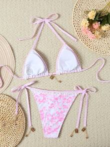 欧美风蓝色碎花比基尼套装纯色度假沙滩分体泳衣时尚印花金属装饰性感音乐节夜店泳衣 - 粉色 - 查看 2