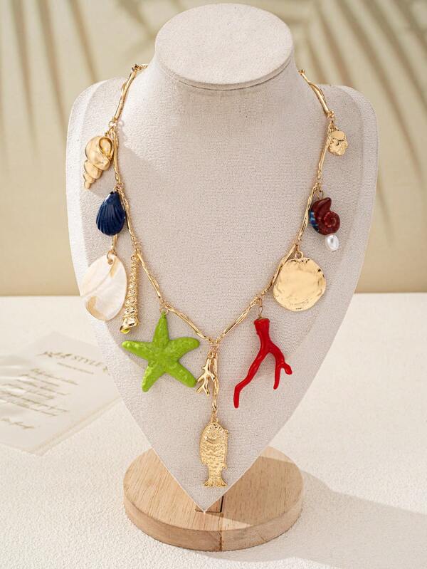 1pc Artistic Retro Style Alloy Multicolor Ocean Decor Pendant Necklace, For Women, Suitable For Island Travel/Summer Outfit