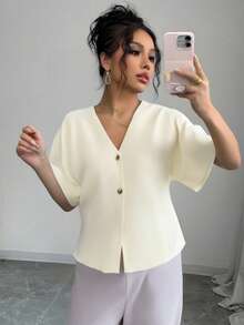 DEEKA欧美风女装夏季毕业百搭简约横针织短袖V领运动针织上衣 - 杏色 - 查看 6