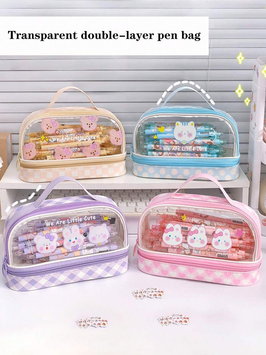 1 件透明双层泰迪熊印花手提袋，可爱兔子大容量文具袋，防水学生优质铅笔盒，适合返校季节 - 彩色 - 查看 1