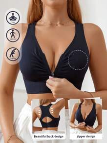 1 Pc Solid Color Fashion Zipper Model Hollow Back Breathable Comfortable Non-Steel Ring Removable Thin Padded Sports Bra