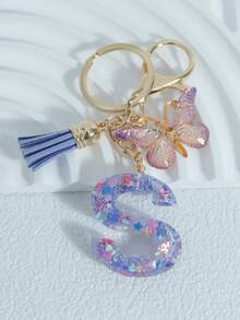 Sparkling Purple Mixed Snowflake Sequins, 26 Capital English Letters, Paired With Golden Patterned Butterflies And Purple Leather Tassels, 18kc Gold Lobster Buckle Flat Ring Chain Three Pieces Keychain Set, Suitable For Luggage Hanging Accessories, Car Hanging Accessories, Key Hanging Accessories, Mobile Phone Hanging Accessories, Clothing Hanging Accessories, As A Birthday Gift For Friends, Couples, And Mothers, Suitable For Both Men And Women - Purple - View 9