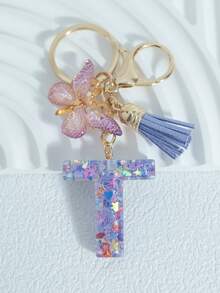 Sparkling Purple Mixed Snowflake Sequins, 26 Capital English Letters, Paired With Golden Patterned Butterflies And Purple Leather Tassels, 18kc Gold Lobster Buckle Flat Ring Chain Three Pieces Keychain Set, Suitable For Luggage Hanging Accessories, Car Hanging Accessories, Key Hanging Accessories, Mobile Phone Hanging Accessories, Clothing Hanging Accessories, As A Birthday Gift For Friends, Couples, And Mothers, Suitable For Both Men And Women - Purple - View 33