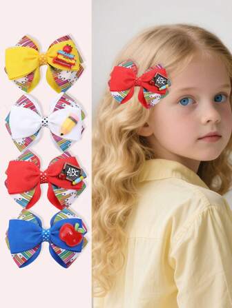 1pc Stylish Back To School Cartoon Bow Hair Clip, Hair Accessory With Pencil Patterned Grosgrain Ribbon, Suitable For Casual Daily Wear